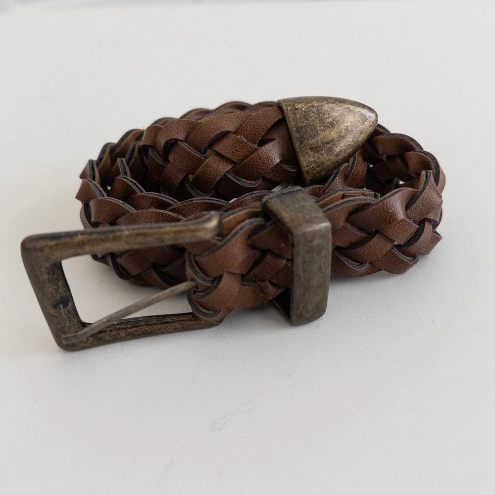 Womens Braided Belt Size‎ M Brown Faux Leather Antique Brass Buckle Western Boho